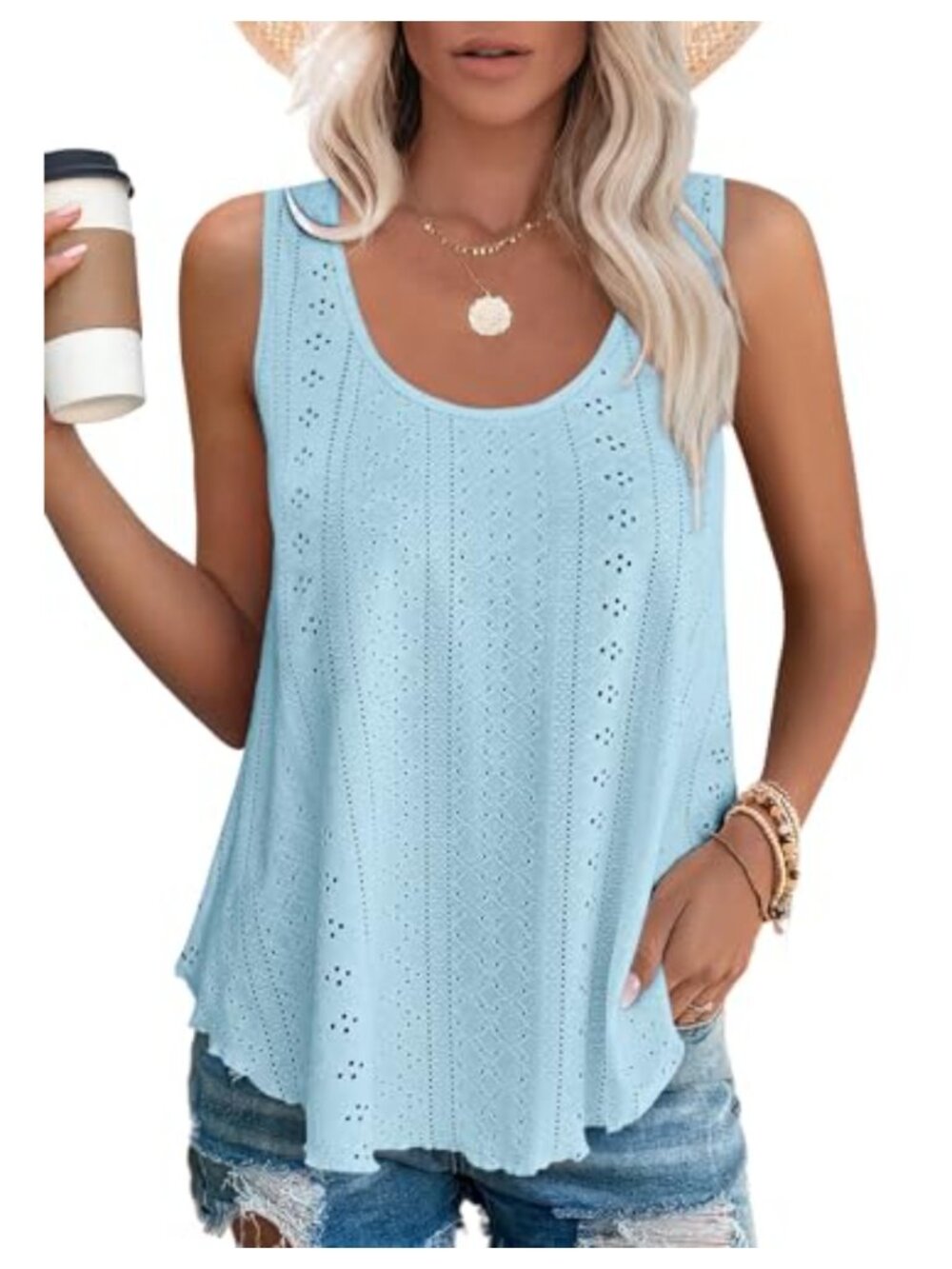 Womens Tank Top Eyelet Embroidery Scoop Neck Loose Flowy Sleeveless Summer Shirt
